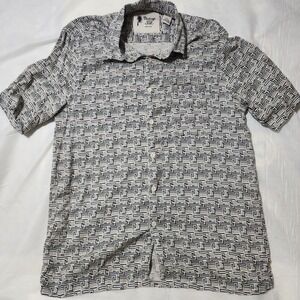 Vintage Silk Mens White Geometric Design AOP Short Sleeve Shirt‎ Sz Large Resort